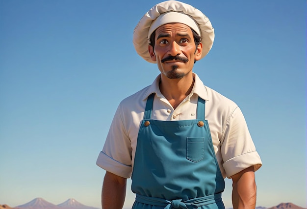 a man in a blue apron and hat stands in the desert