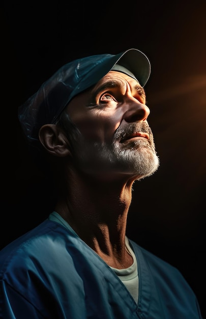 A man in a blue cap and a blue shirt looks up at a light.