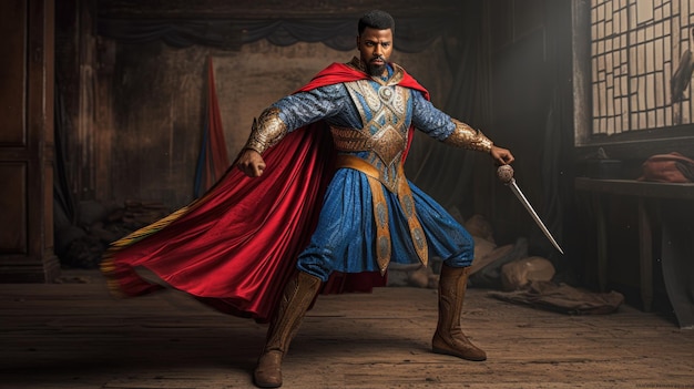 A man in a blue cape stands in front of a dark background with a sword and a sword.