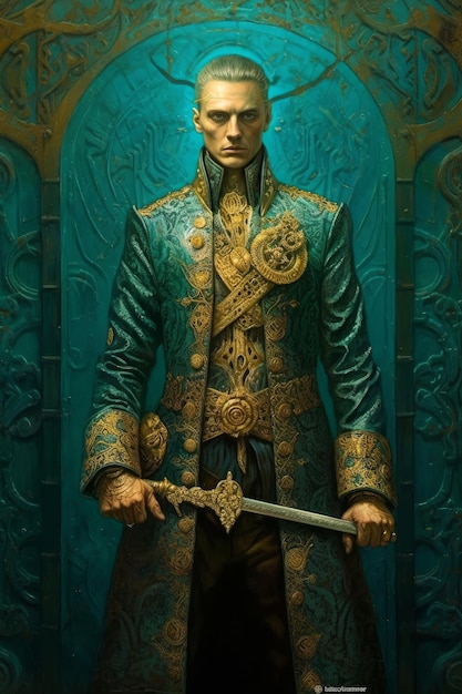 Мужчина в сине-золотом плаще с мечом в руке.