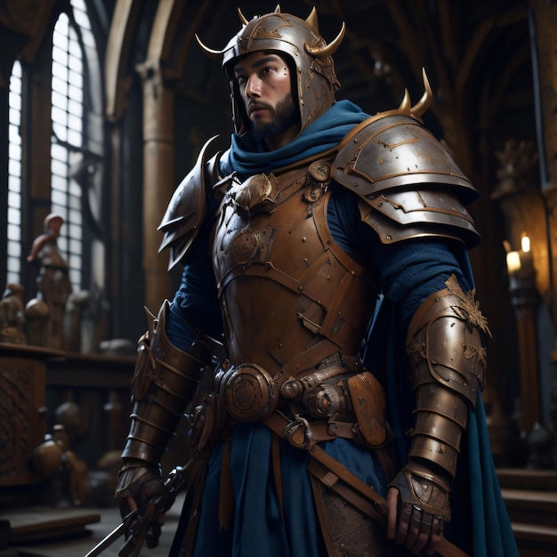 A man in a blue and gold outfit with a sword in his hand.