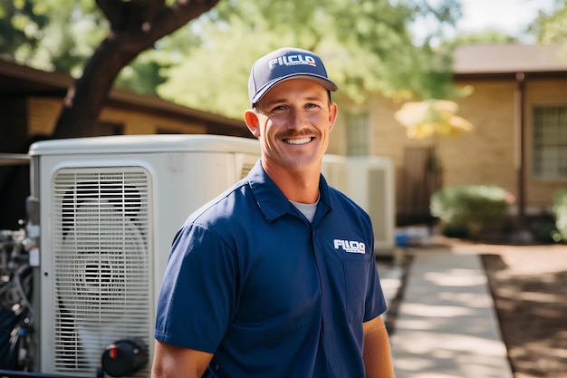 A man in a blue hat and blue shirt stands and smiles