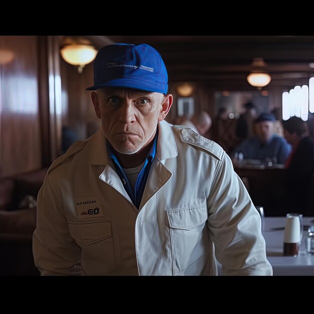 Photo a man in a blue hat is standing in front of a table with a sign that says  t  on it