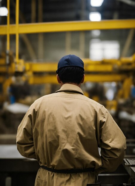 Photo a man in a blue hat stands in front of a factory