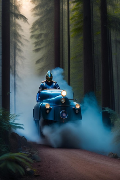 A man in a blue hood sits on a car with the headlights on