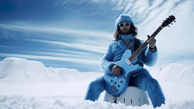 Photo a man in blue is playing a guitar in the snow