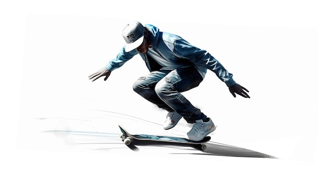 A man in a blue jacket is doing a trick on a skateboard.