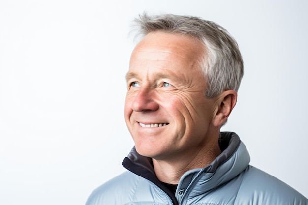 a man in a blue jacket smiles at the camera