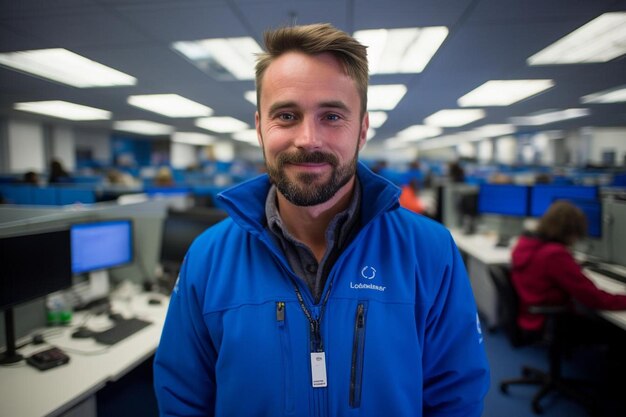 Photo a man in a blue jacket standing in an office