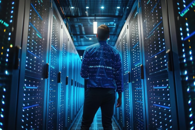 Человек в синем пиджаке стоит в серверной комнате