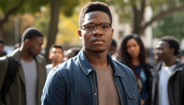 A man in a blue jacket stands in front of a crowd of people