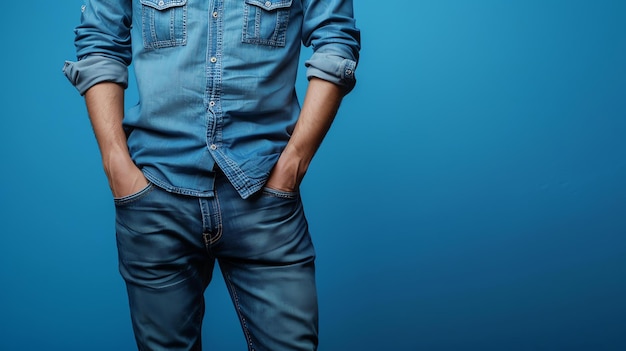 Foto un uomo in jeans blu e una camicia blu è in piedi con le mani nelle tasche è in piedi di fronte a uno sfondo blu