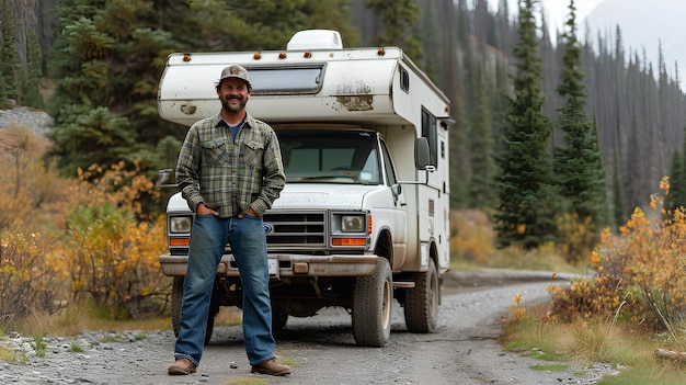 A man in blue jeans is standing in front of an RV next to a mountain