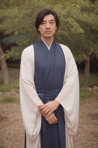 A man in a blue kimono stands in front of a forest.