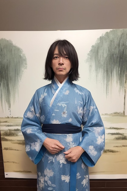 A man in a blue kimono stands in front of a painting of a tree.