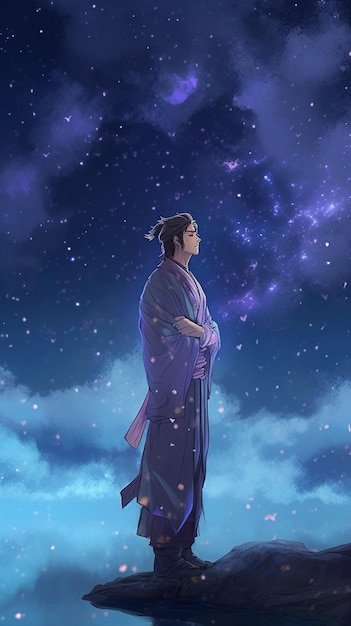 A man in a blue kimono stands in front of a starry sky.