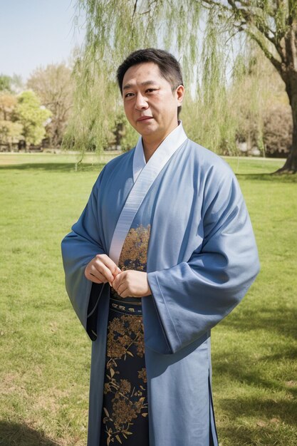 Photo a man in a blue kimono stands in a park.