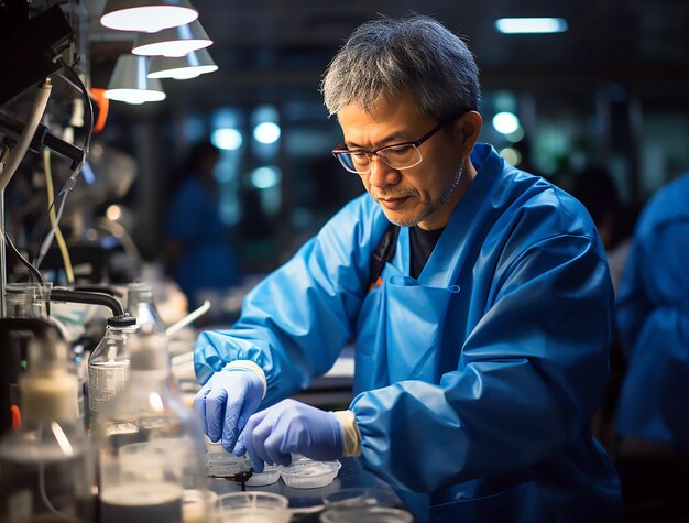 Photo a man in a blue lab coat is working in a lab with a blue lab coat.