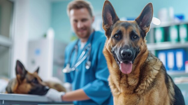 Man in Blue Lab Coat Standing Next to Dog Researcher and Canine Companion Collaboration in the Lab