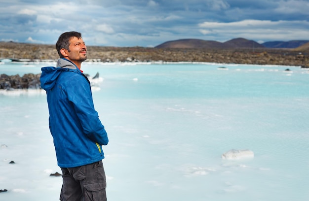 Man in the blue lagoon geothermal bath