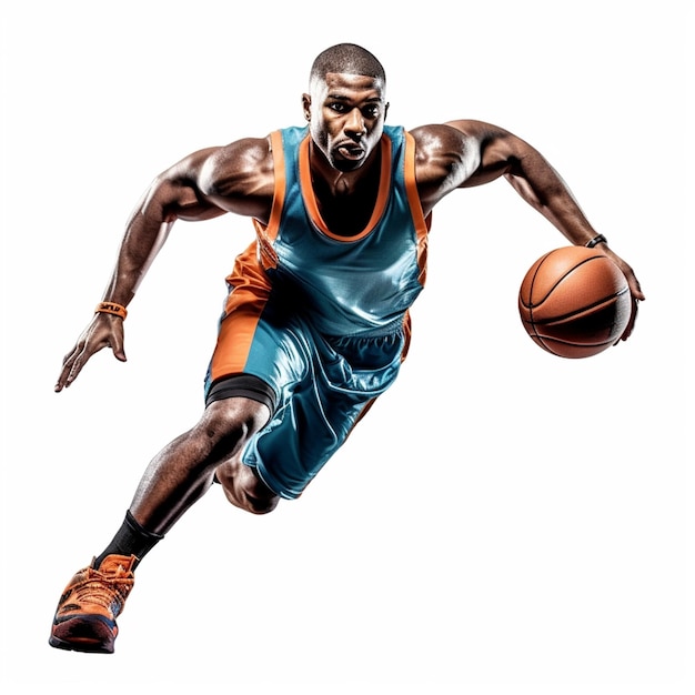 A man in a blue and orange basketball uniform with the word basketball on it.