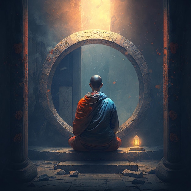 A man in a blue and orange robe sits in a circle with the word buddha on it.