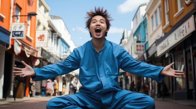 A man in a blue outfit is sitting on a skateboard ai