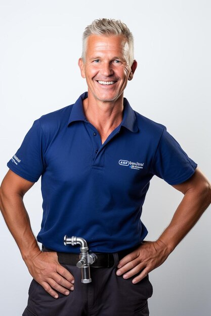 Photo a man in a blue polo shirt is posing with his hands on his hips