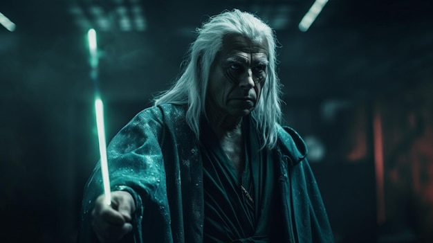 A man in a blue robe holds a light in the dark with a long white hair.