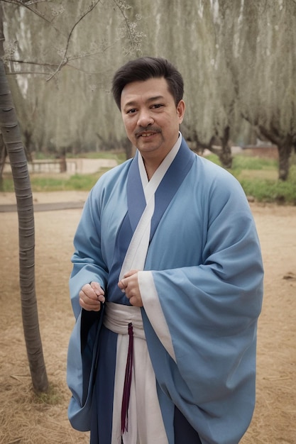 A man in a blue robe stands in a forest.