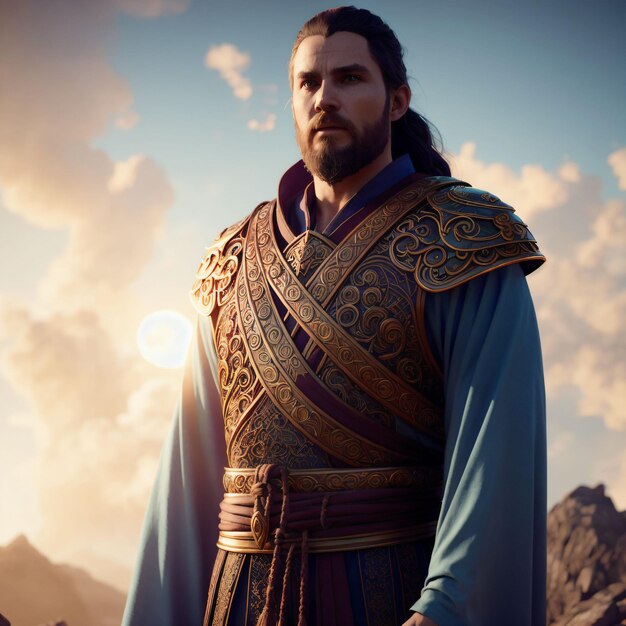 A man in a blue robe stands in front of a mountain.