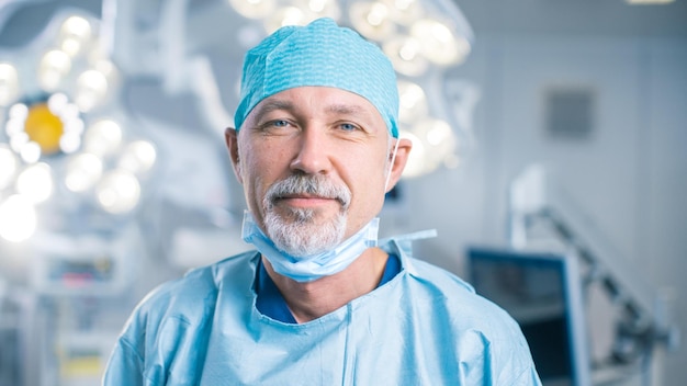 A man in a blue scrubs and a hat stands in an operating room.