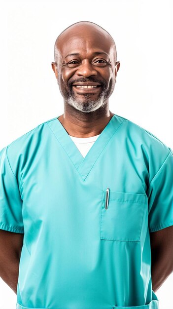 a man in a blue scrubs poses for a photo