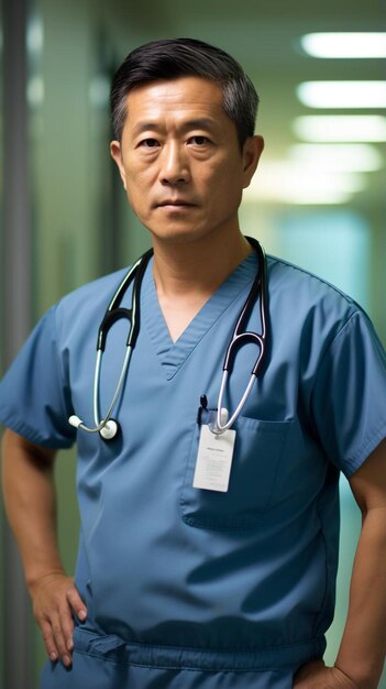 a man in a blue scrubs stands in a hospital corridor