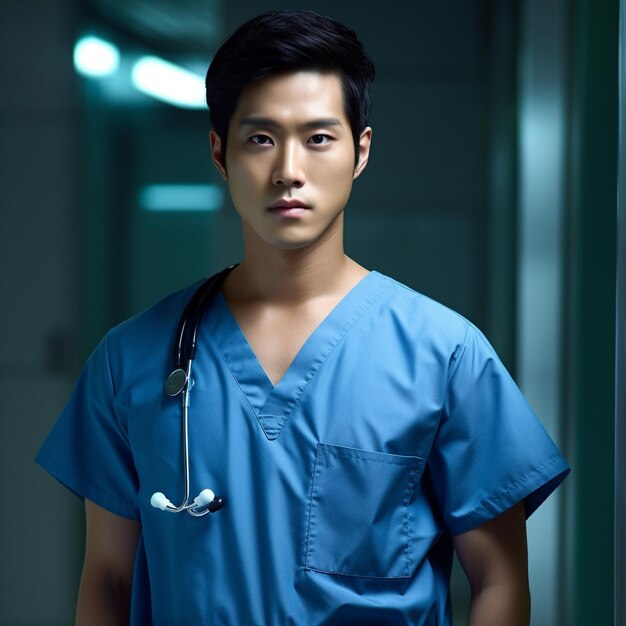 Photo a man in a blue scrubs with a stethoscope on his neck