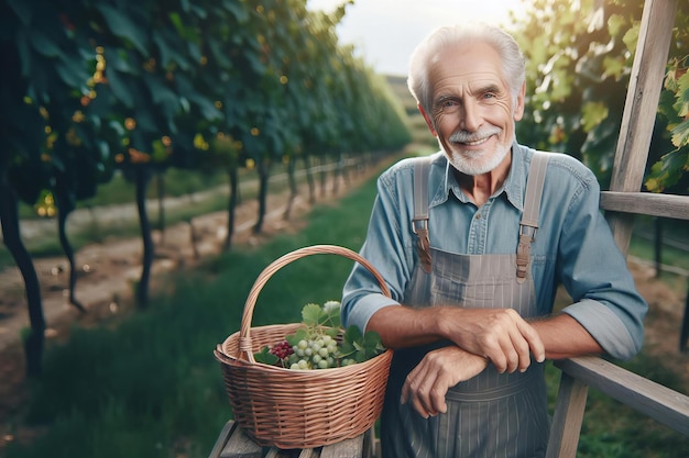 Foto uomo in camicia blu e grembiule sta tenendo un cesto di uva