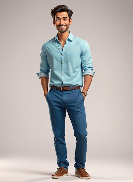 a man in a blue shirt and blue pants