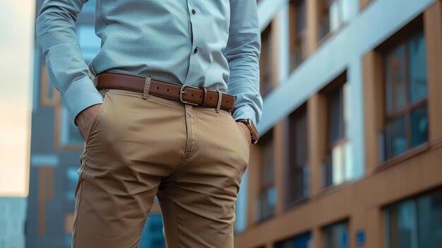 A man in a blue shirt and brown pants stands with his hands in his pockets He is wearing a brown belt and brown shoes The background is blurred