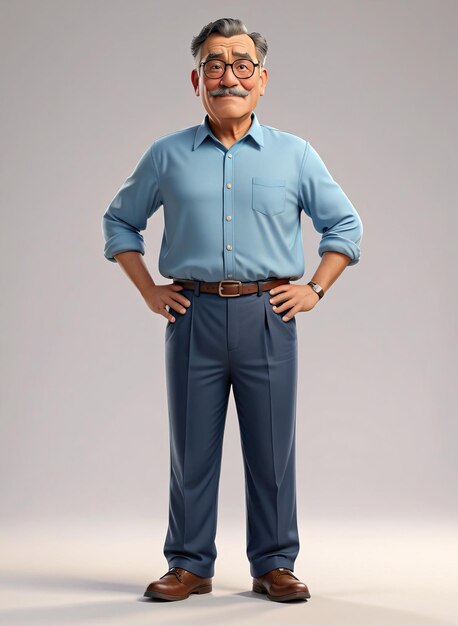 a man in a blue shirt and brown pants