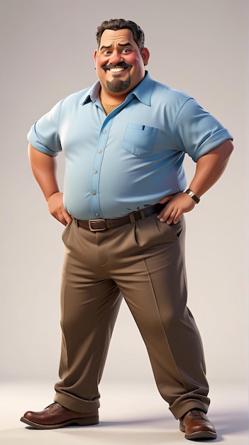 a man in a blue shirt and brown pants