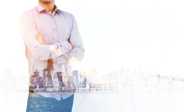 Man in blue shirt and cityscape