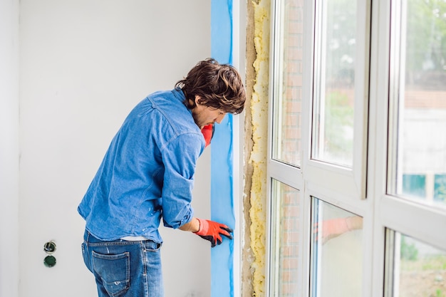 Man in a blue shirt does window installation