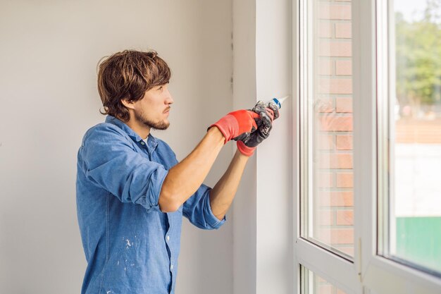 Man in a blue shirt does window installation