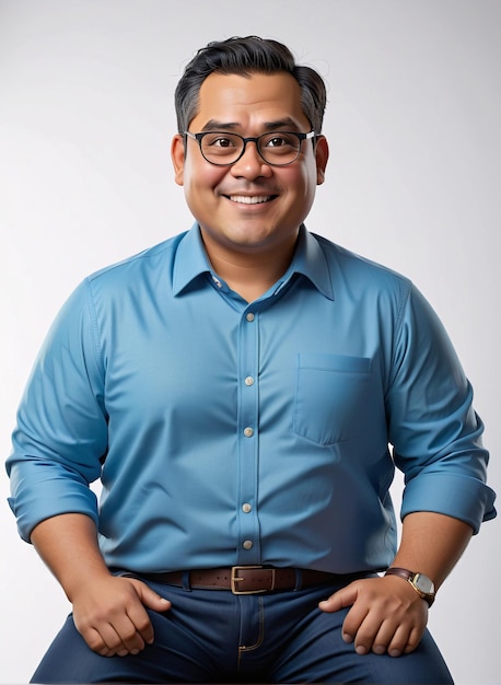 a man in a blue shirt and glasses sitting on a chair