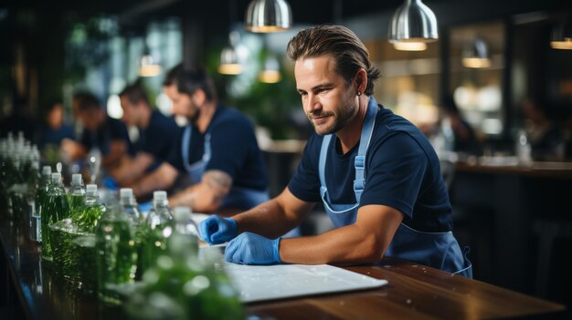 Photo man in blue shirt and gloves working at bar