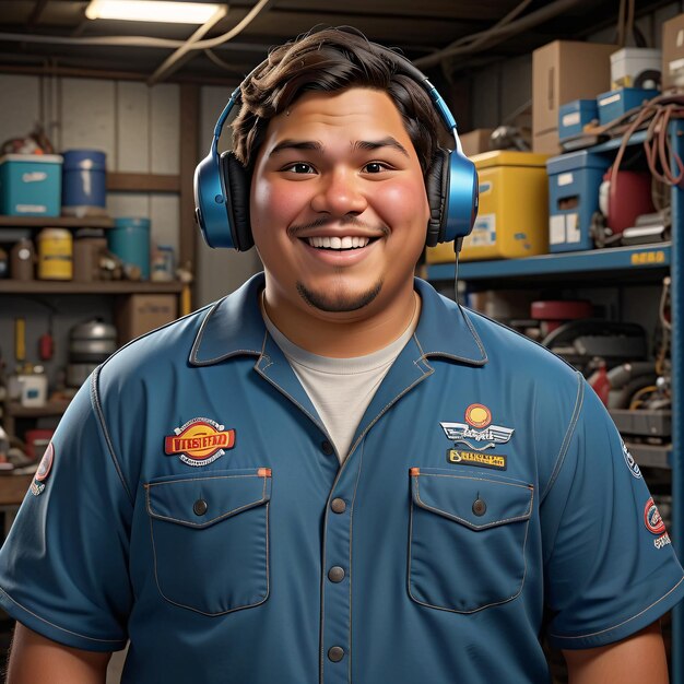 a man in a blue shirt and headphones smiles at the camera