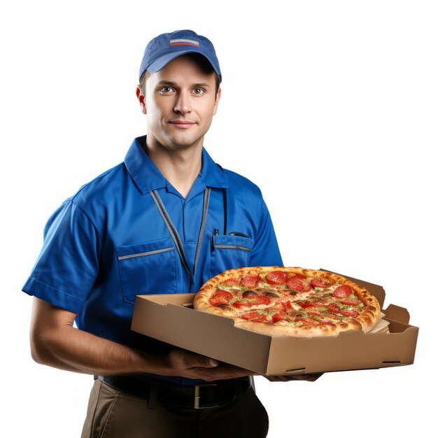 Photo a man in a blue shirt holding a pizza in a box