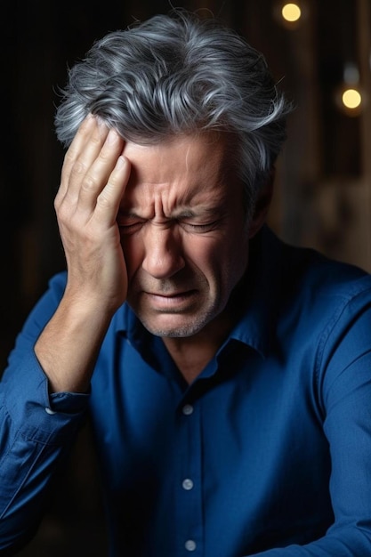 a man in a blue shirt is holding his head