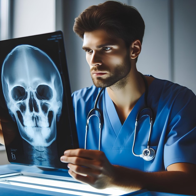 A man in a blue shirt is looking at a skull on a table