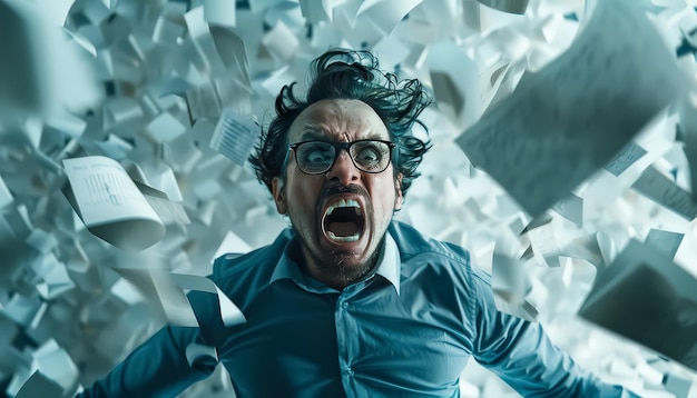 A man in a blue shirt is screaming in a room full of paper